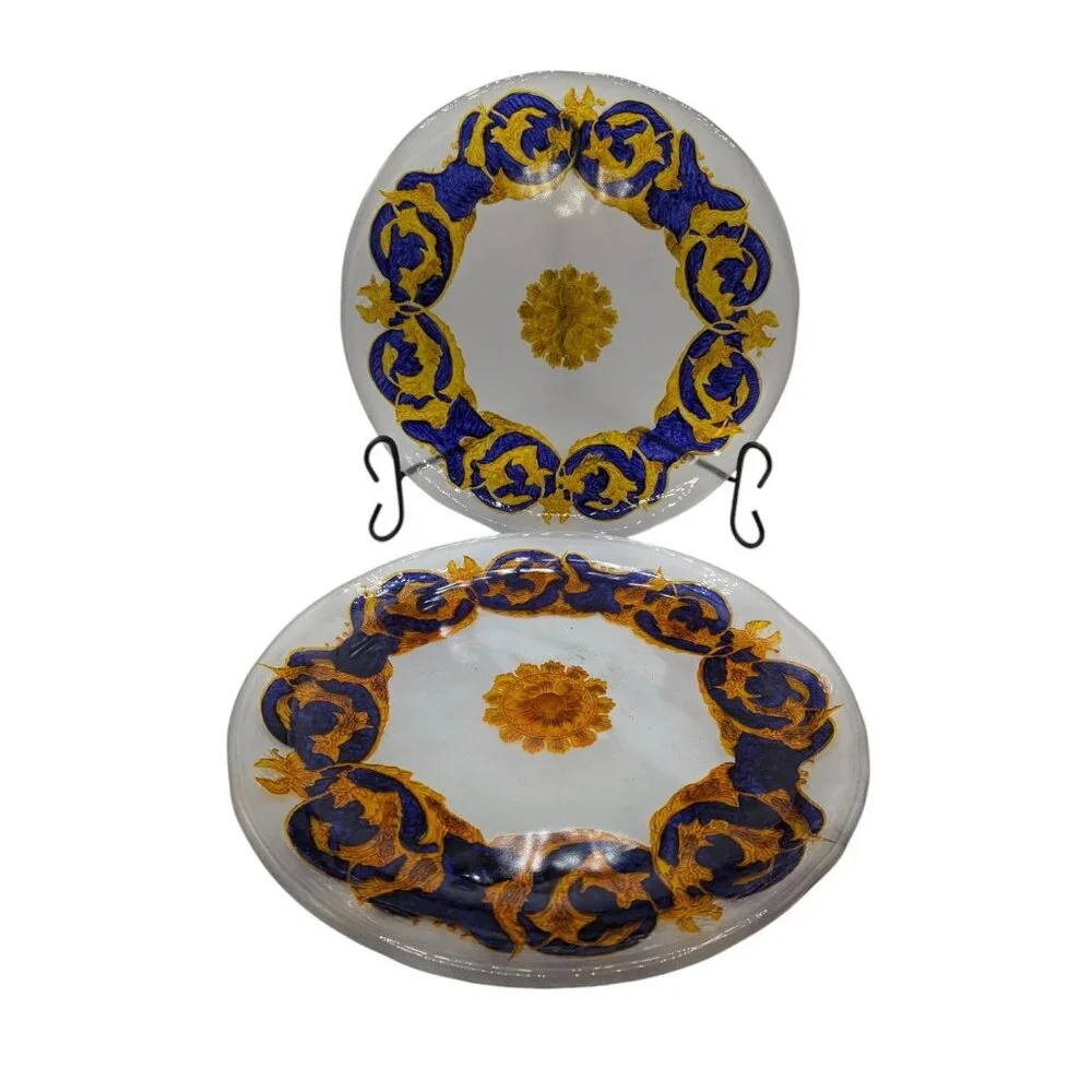 Vintage Singl3 Glass Decorative Plate w Blue Gold Hand Painted Versace Style 14